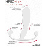 Diagram of the Aneros Helix Syn Trident Prostate Stimulator, a hands-free male G spot massager by Aneros, featuring multi-axial motion architecture for internal stimulation, superior pivoting action, redesigned tabs for enhanced comfort, agility for responsiveness, and a new cradle design enabling simultaneous prostate stimulation.